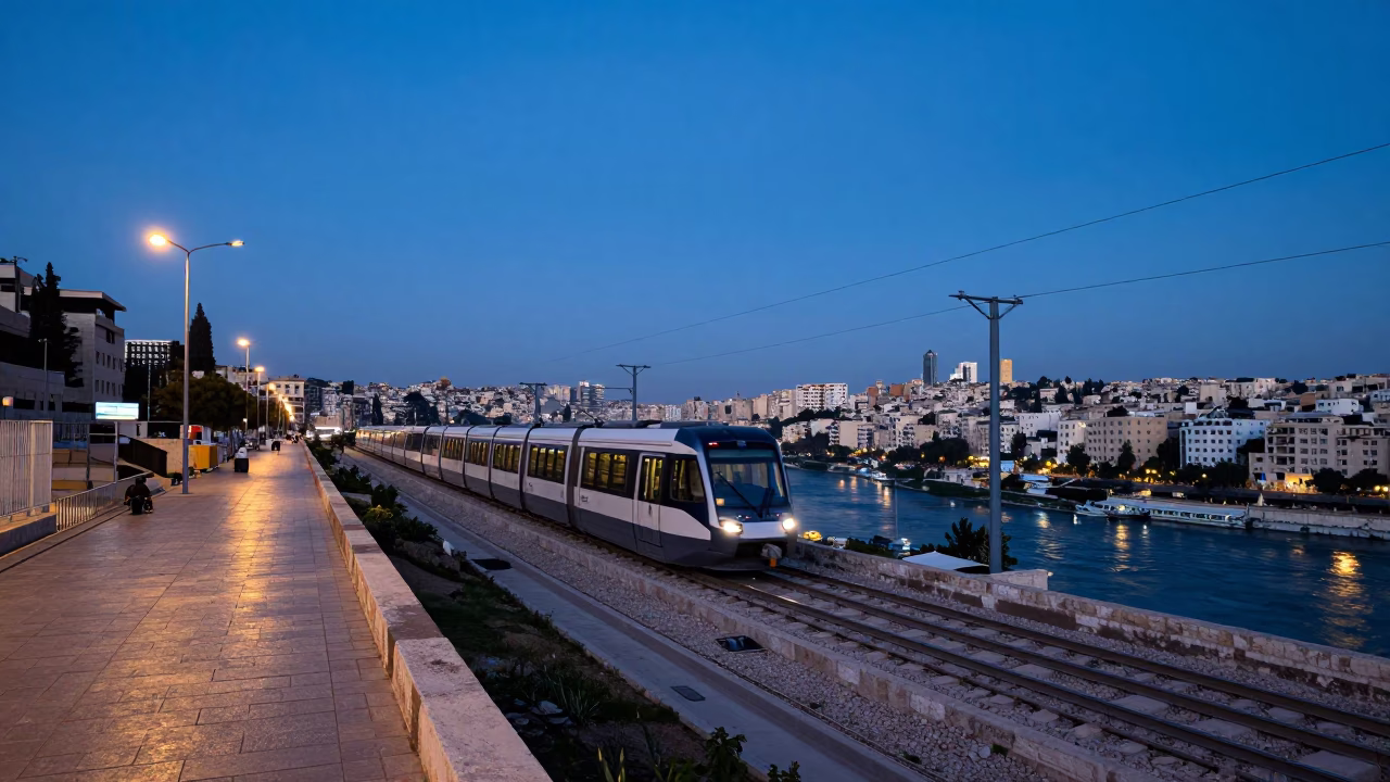 Amman Jordan Evening Blue Hour Street Scene with Monorail and River Horizon in in Amman, Jordan