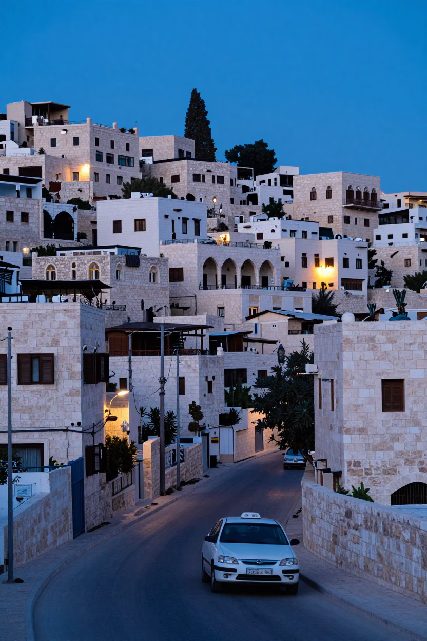 Amman Jordan Evening Blue Hour Street Scene with White Stone Architecture and Local Life in in Amman, Jordan