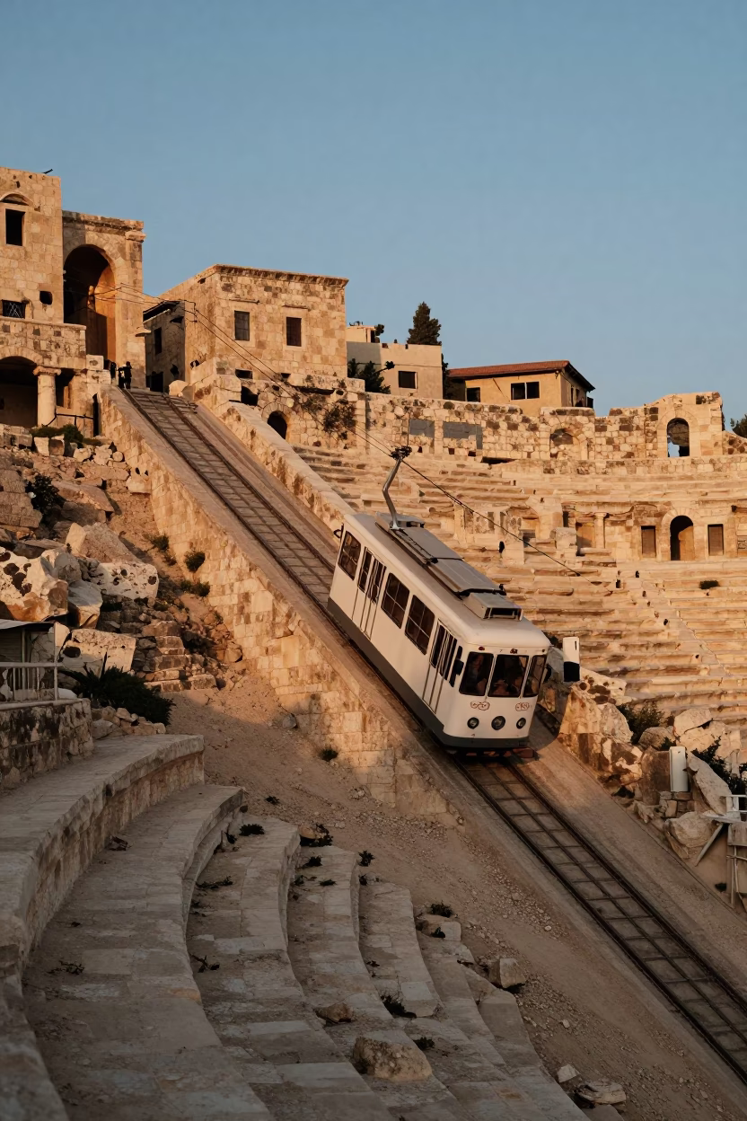 Amman Jordan Evening Funicular Ascent and Historic Stone Architecture Street Scene in in Amman, Jordan