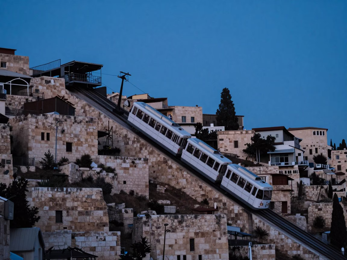 Amman Jordan Evening Funicular Railway Climb Against Blue Twilight Sky in in Amman, Jordan
