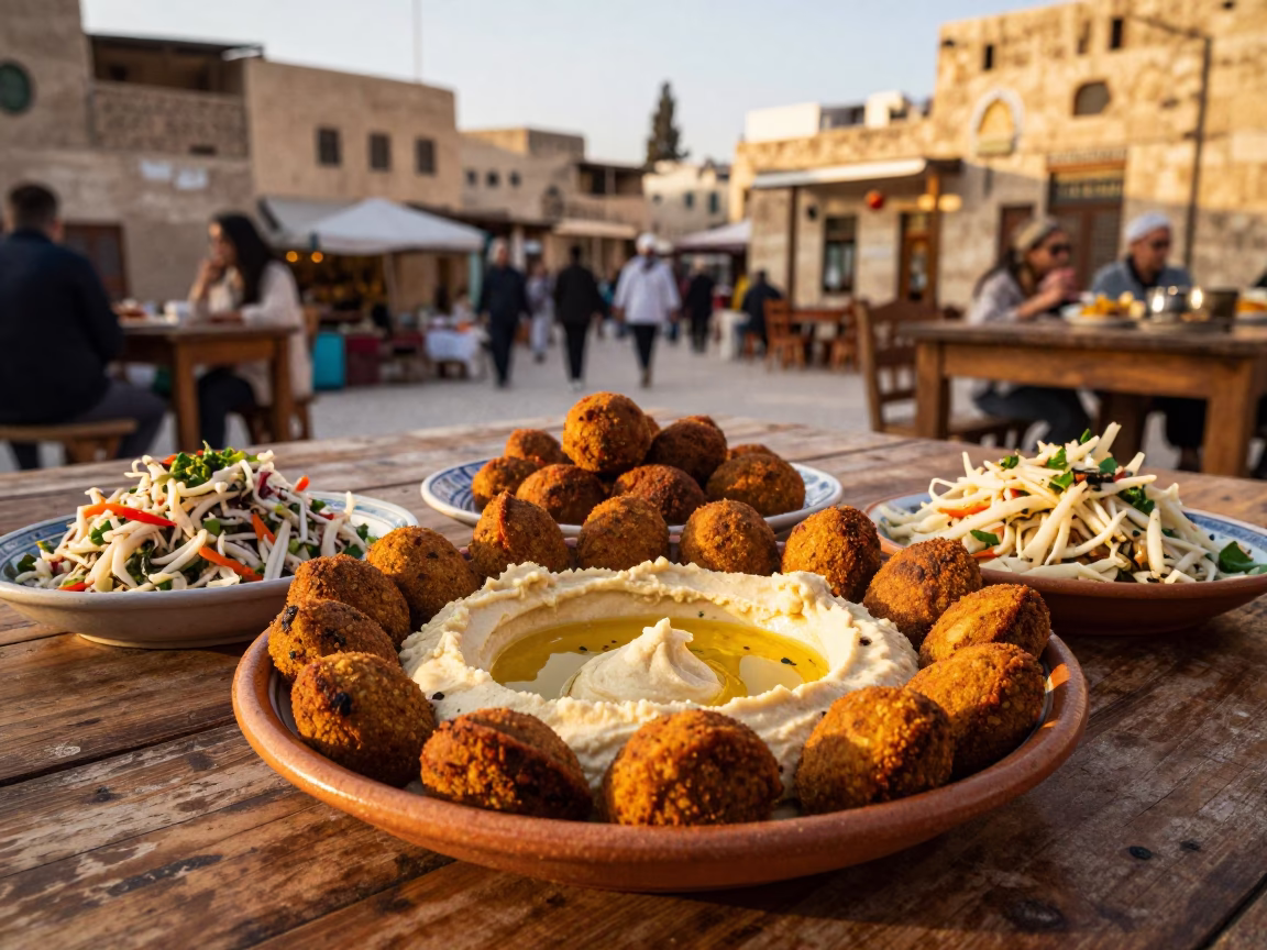 Amman Jordan Evening Mezze Platter Hummus Falafel Tabbouleh Traditional Dining in in Amman, Jordan