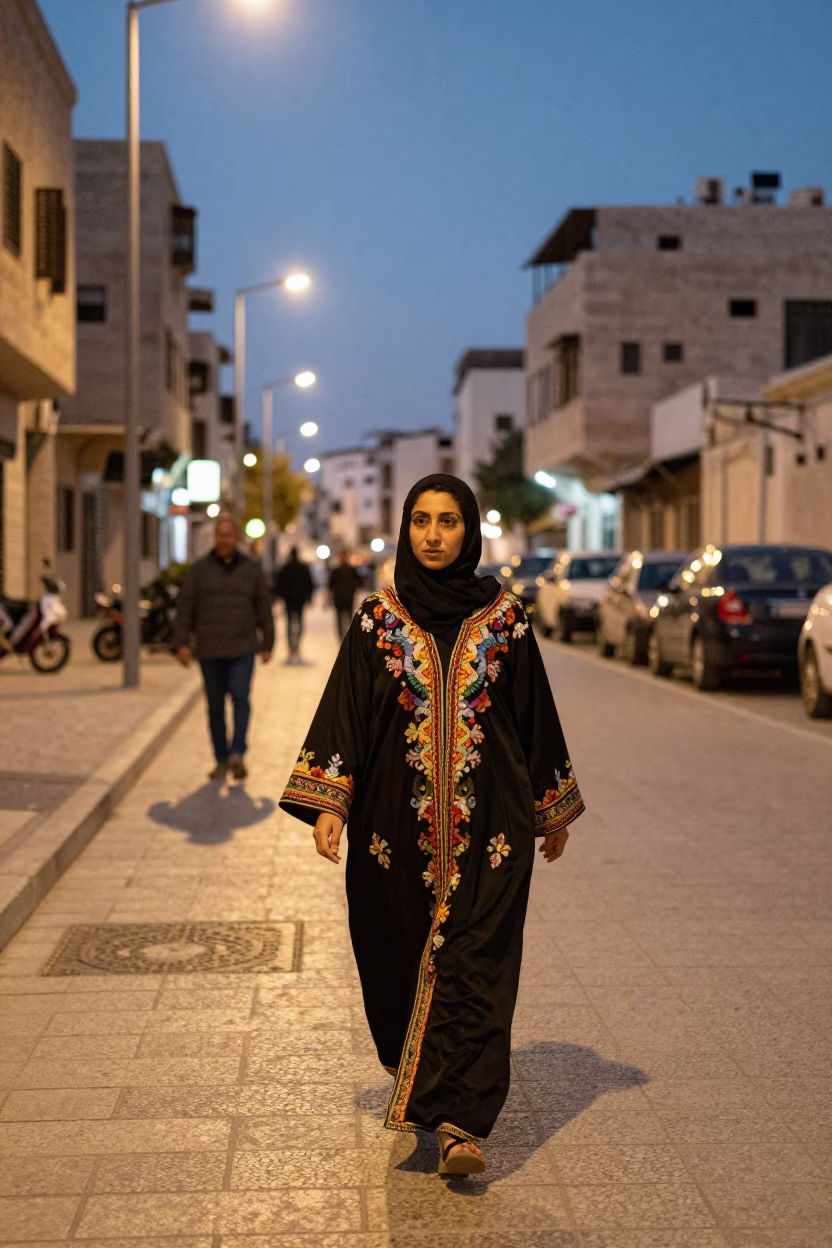 Amman Jordan Evening Street Scene Traditional Clothing and City Lights Glow in in Amman, Jordan