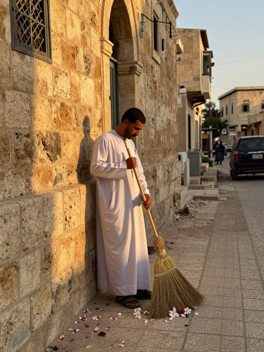Amman Jordan Evening Street Scene with Brooms and Plumeria Petals in Honeyed Light in in Amman, Jordan