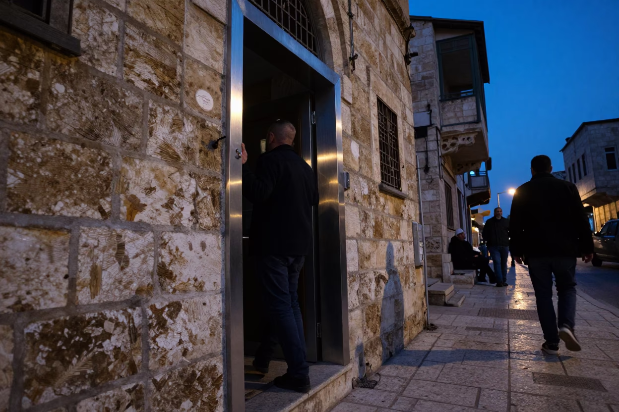 Amman Jordan Evening Street Scene with Brushed Steel Doorframe and Local Architecture in in Amman, Jordan