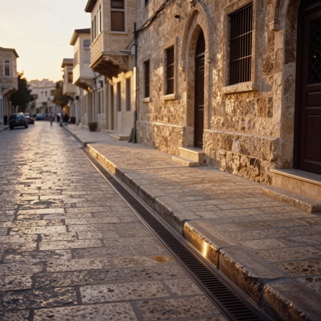 Amman Jordan Evening Street Scene with Brushed Steel Drain and Local Architecture in in Amman, Jordan