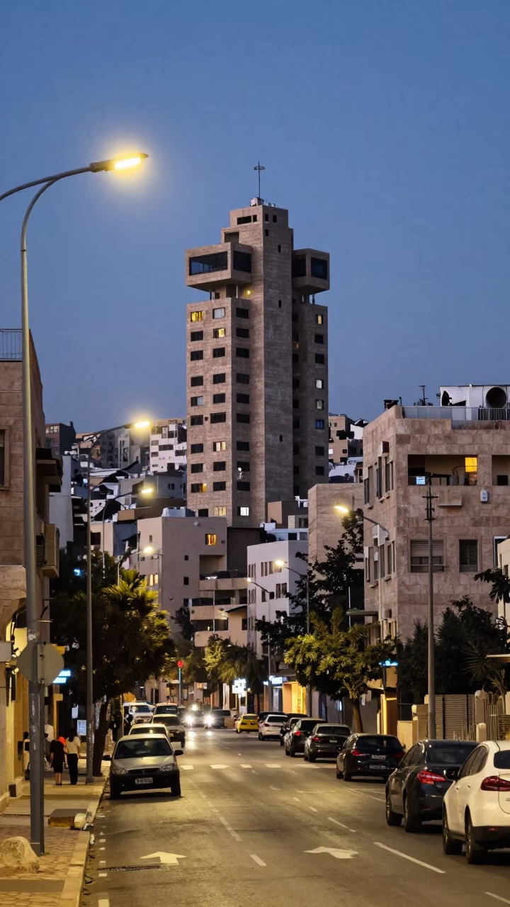 Amman Jordan Evening Street Scene with Brutalist Concrete Architecture and Local Food Vendor in in Amman, Jordan