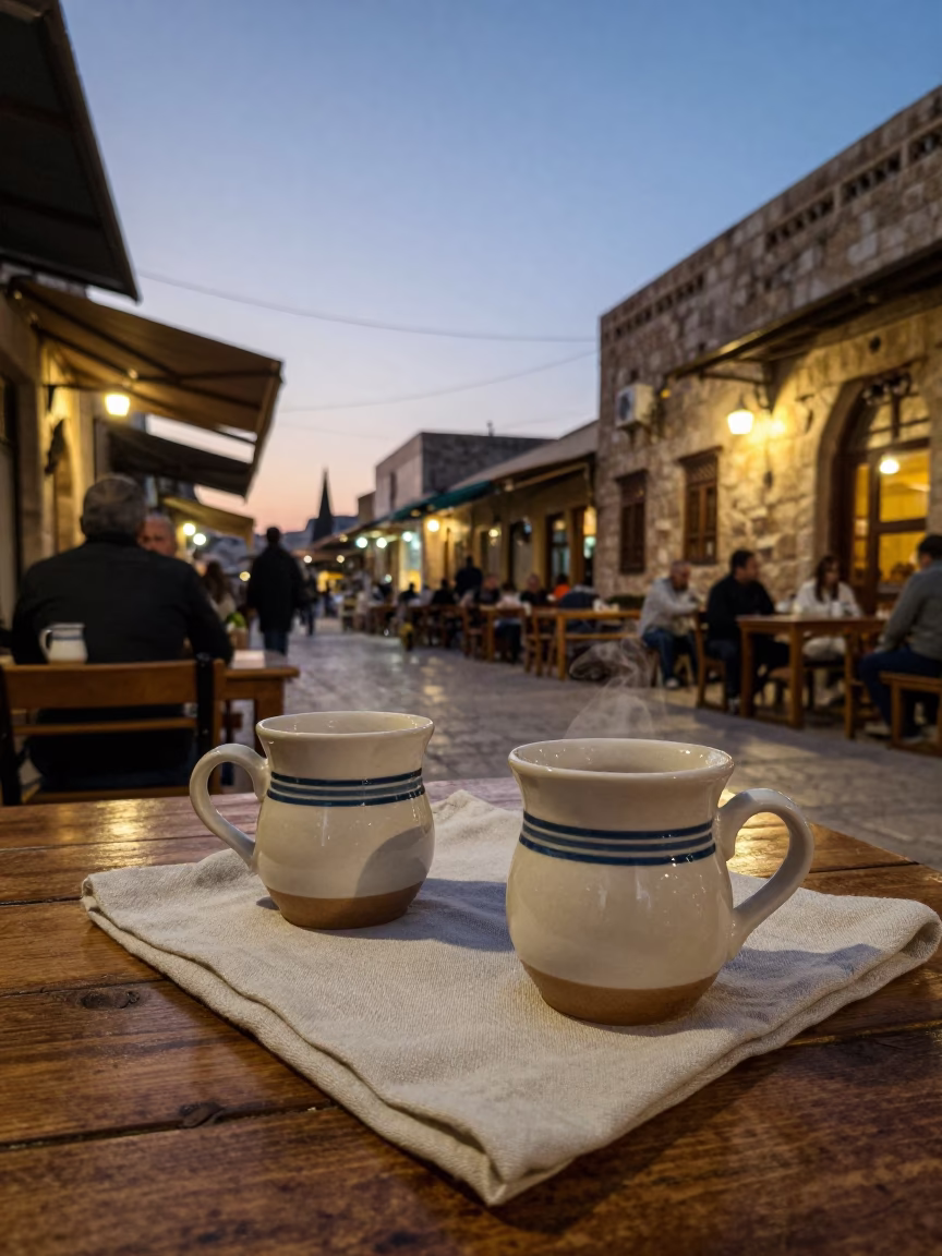 Amman Jordan Evening Street Scene with Ceramic Mugs and Linen Curtains in in Amman, Jordan