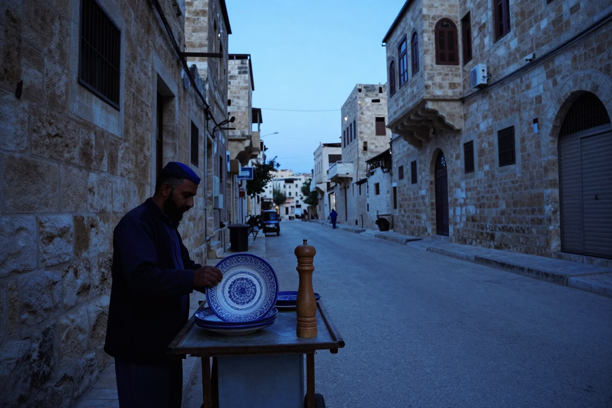 Amman Jordan Evening Street Scene with Ceramic Plate and Pepper Mill in in Amman, Jordan