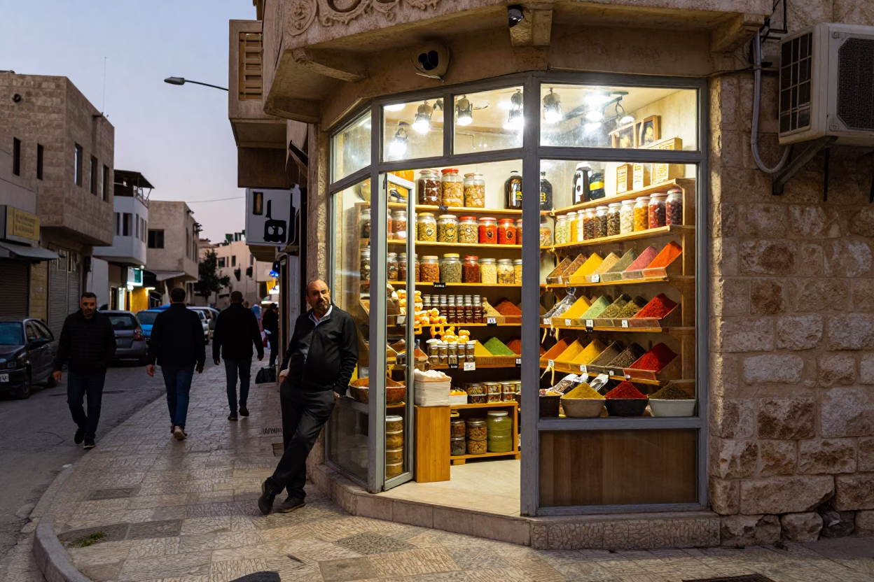 Amman Jordan Evening Street Scene with Clear Glass Doorframe and Spice Jar in in Amman, Jordan