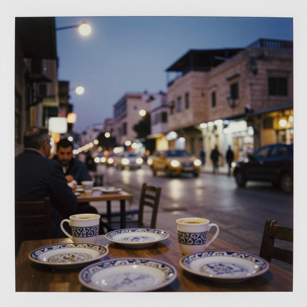 Amman Jordan Evening Street Scene with Coffee Mugs and Local Life in in Amman, Jordan