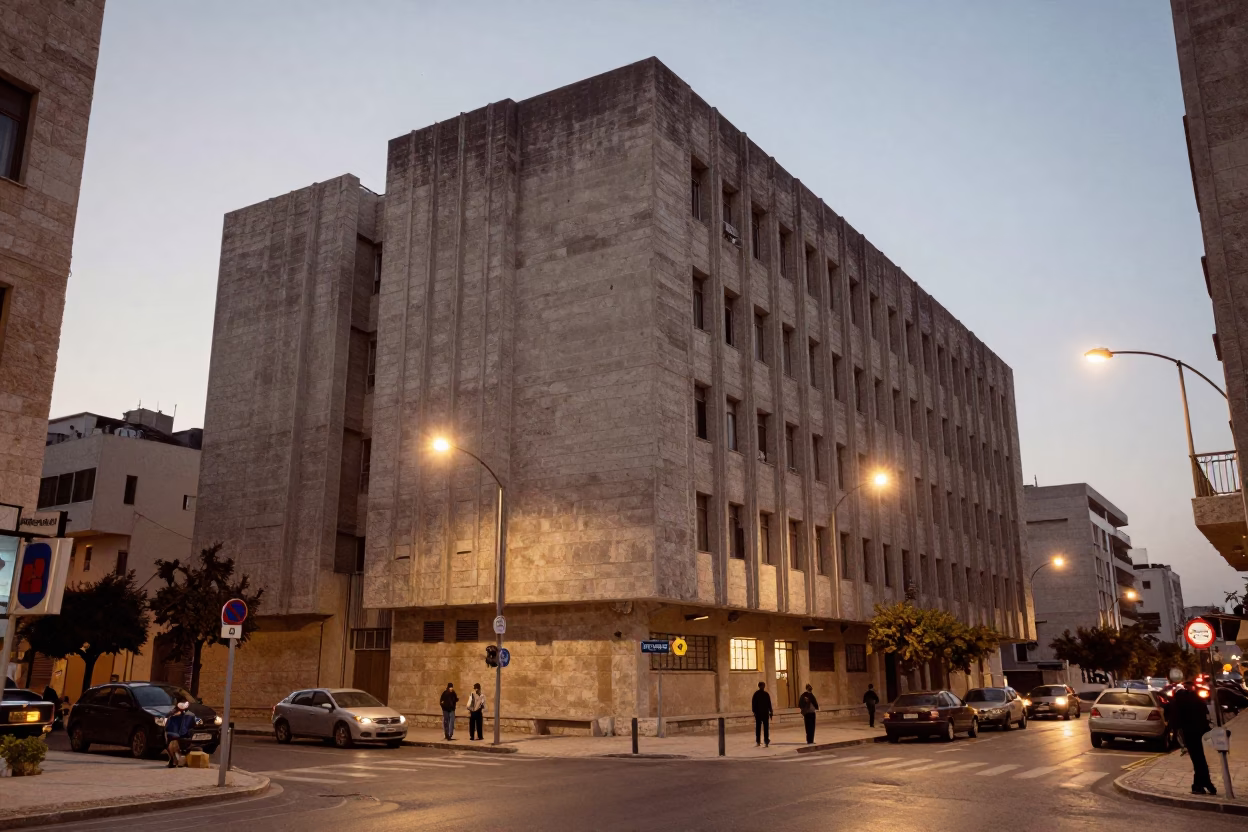 Amman Jordan Evening Street Scene with Concrete Brutalist Architecture and Local Life in in Amman, Jordan