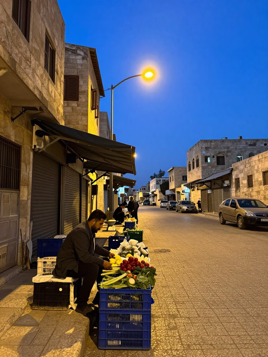 Amman Jordan Evening Street Scene with Crate and Hoe Under Twilight Sky in in Amman, Jordan