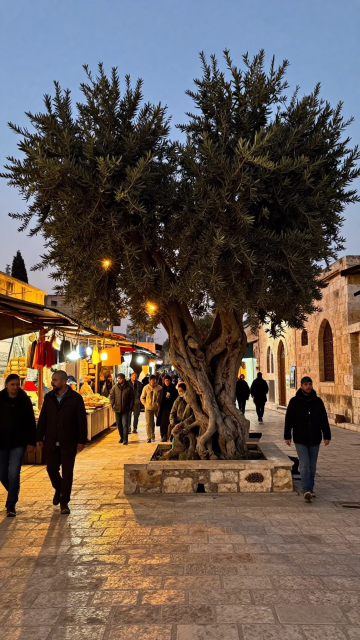 Amman Jordan Evening Street Scene with Gnarled Olive Tree and Local Market Activity in in Amman, Jordan