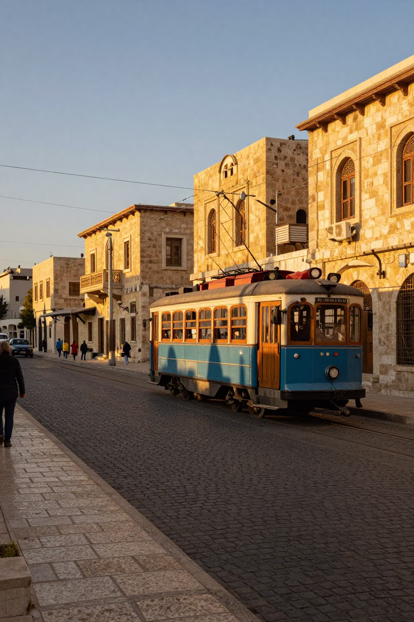 Amman Jordan Evening Street Scene with Heritage Tram and Cobblestone Avenue in in Amman, Jordan