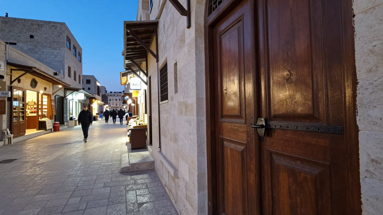 Amman Jordan Evening Street Scene with Iron Deadbolt and Peg Rail at Twilight in in Amman, Jordan