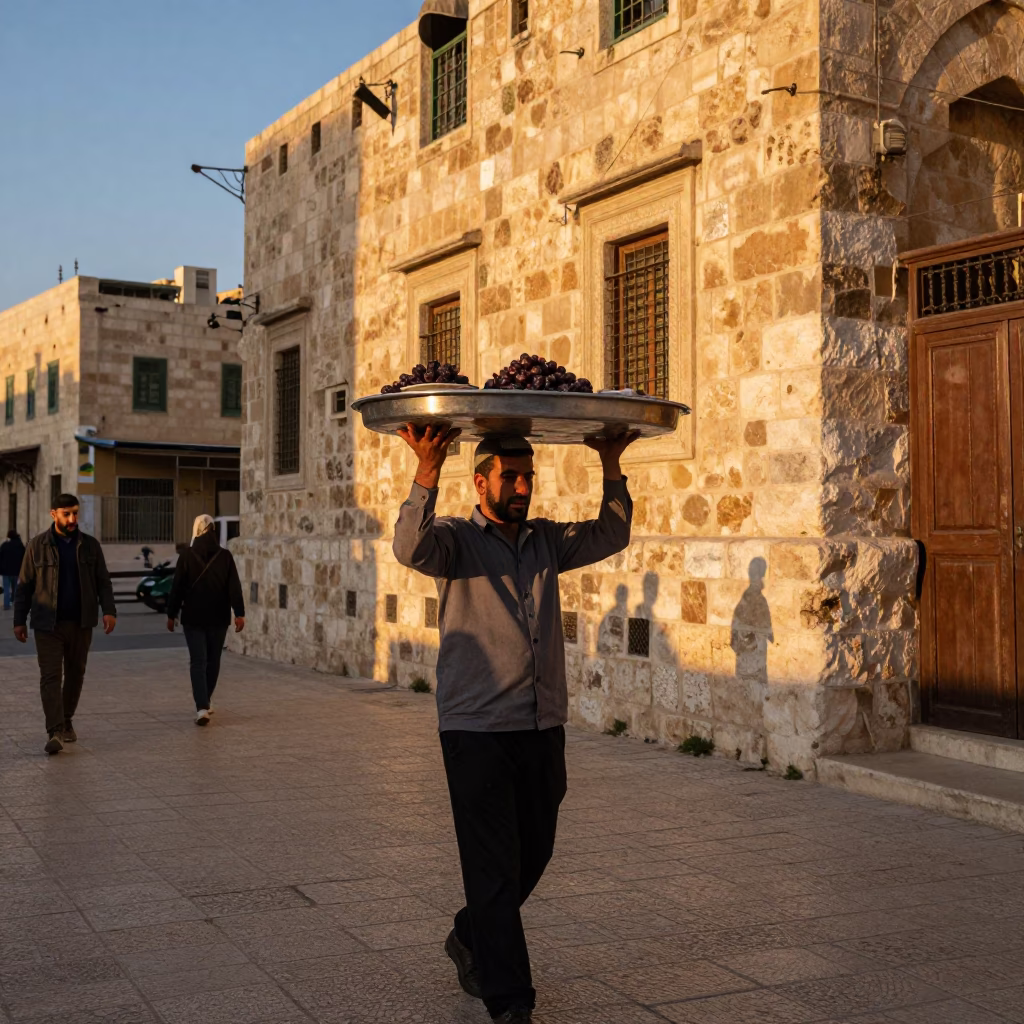 Amman Jordan Evening Street Scene with Lahmacun and Dates in Honeyed Light in in Amman, Jordan