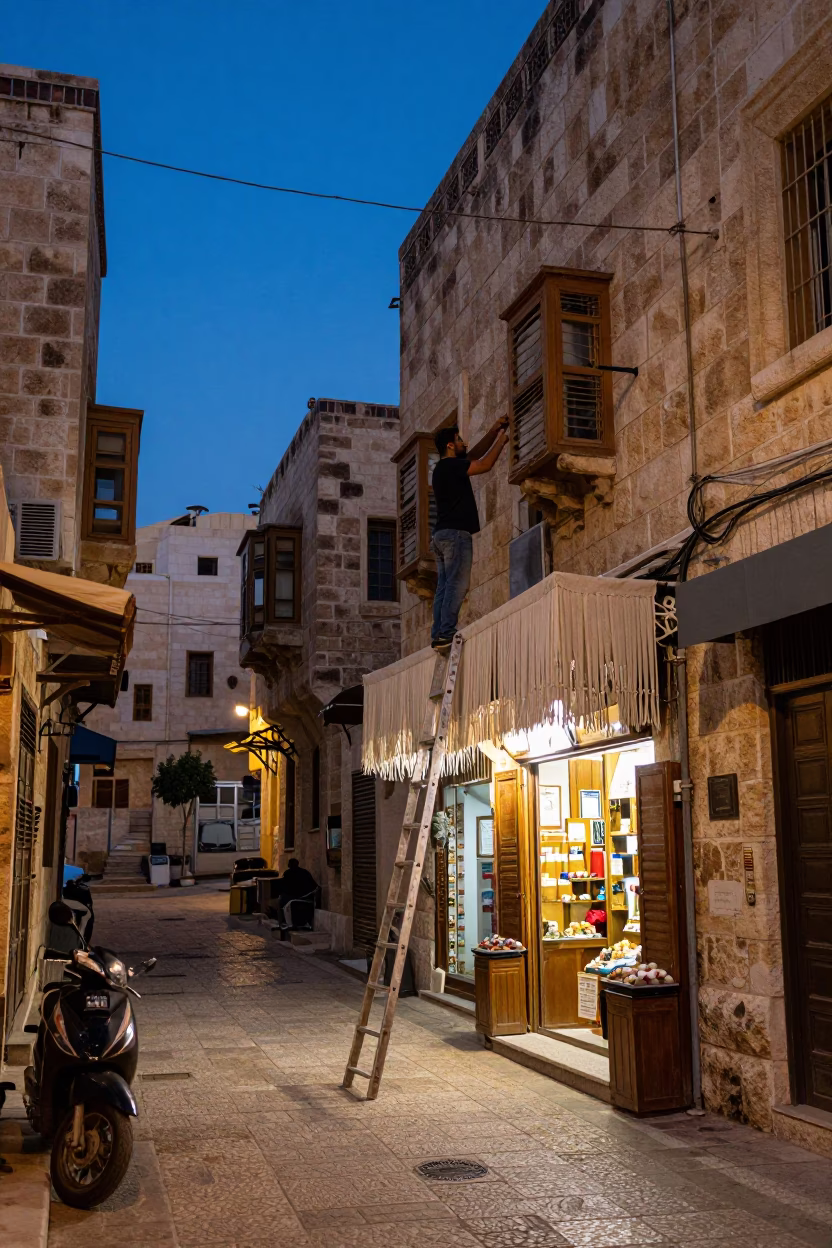 Amman Jordan Evening Street Scene with Linen Fringe Rail and Step Ladder in in Amman, Jordan