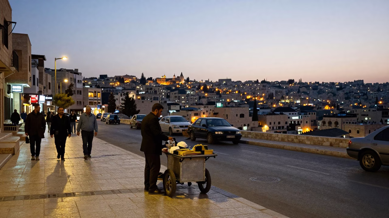Amman Jordan Evening Street Scene with Local Vendor and Traditional Coffee Service in in Amman, Jordan