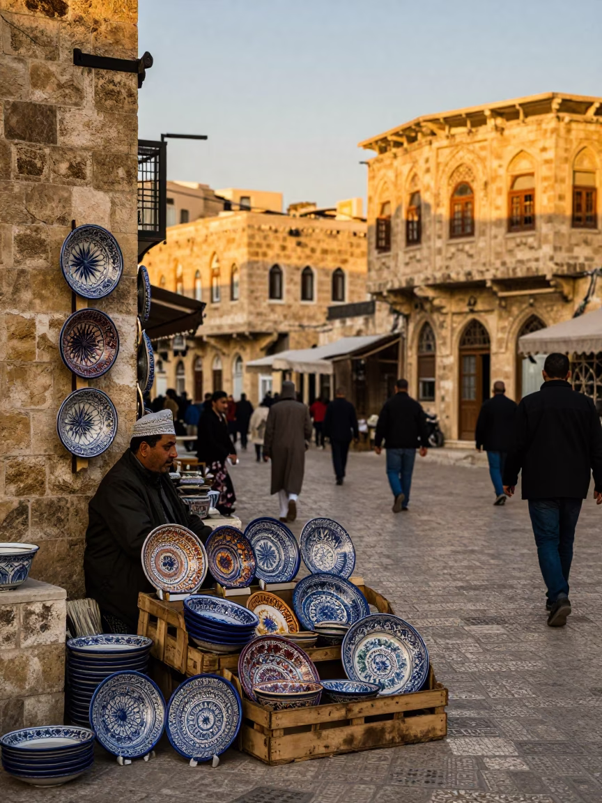 Amman Jordan Evening Street Scene with Majolica Plates and Traditional Archery Contest in in Amman, Jordan