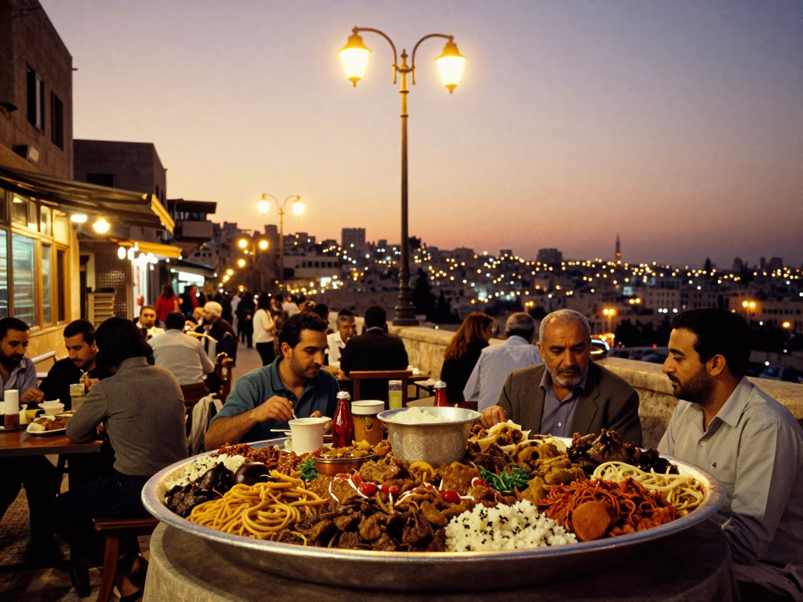 Amman Jordan Evening Street Scene with Mansaf Dinner and Local Life in in Amman, Jordan