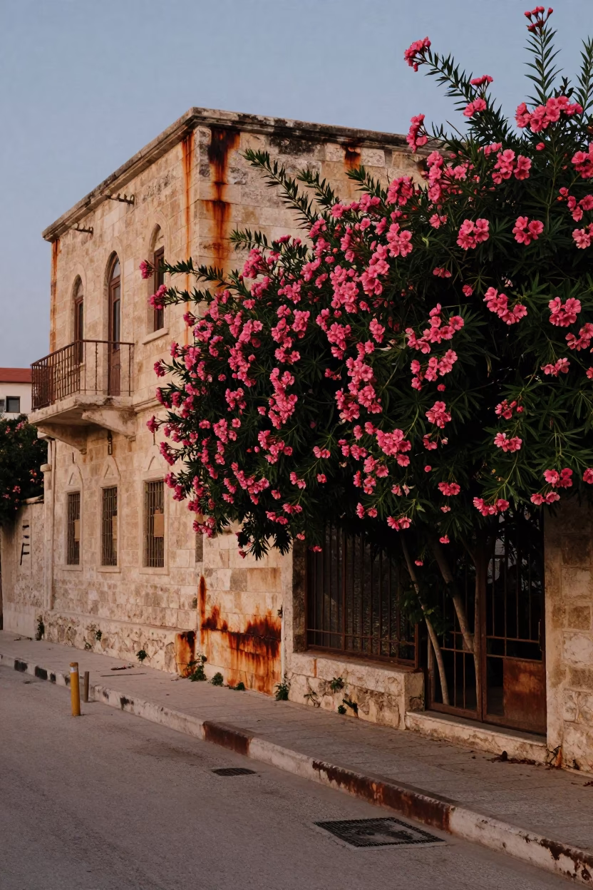 Amman Jordan Evening Street Scene with Oleander Hedge and Rusty Wall in in Amman, Jordan