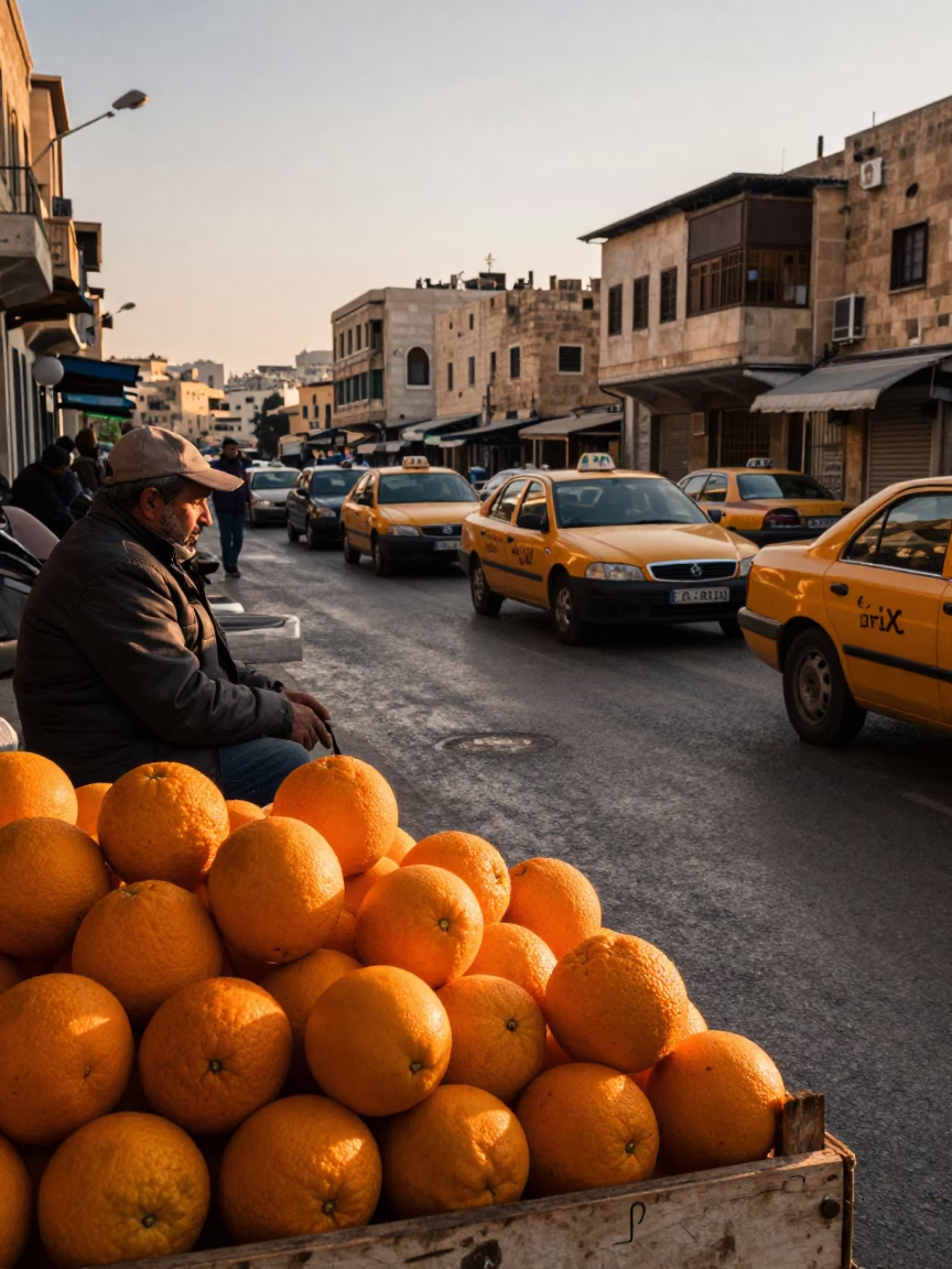 Amman Jordan Evening Street Scene with Oranges and Taxi Rank in in Amman, Jordan
