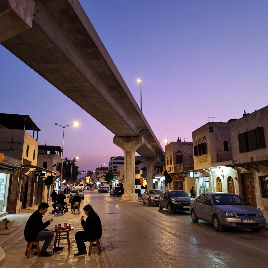 Amman Jordan Evening Street Scene with Overpass and Traditional Tea Service in in Amman, Jordan
