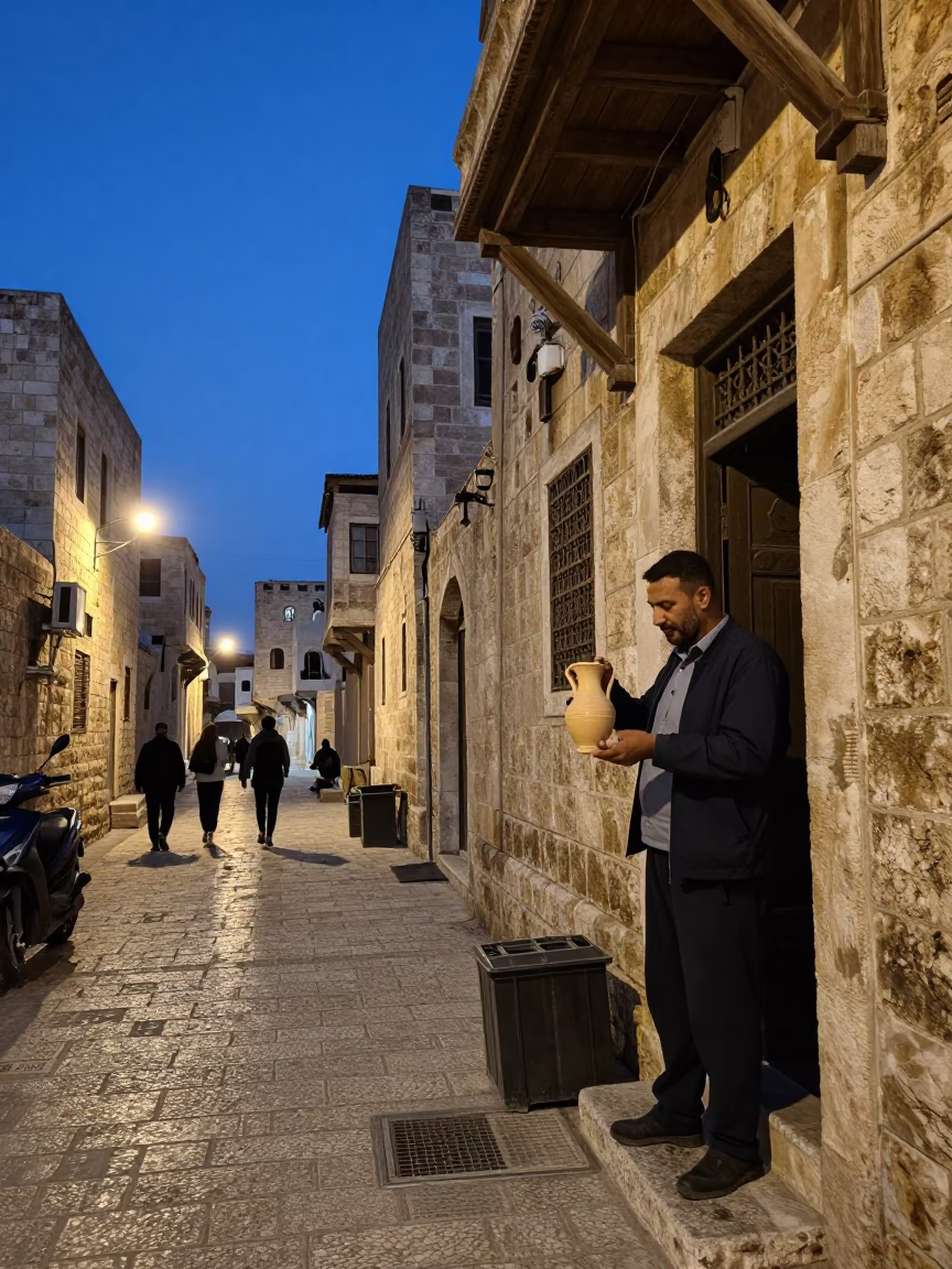 Amman Jordan Evening Street Scene with Pitcher and Local Interaction in in Amman, Jordan