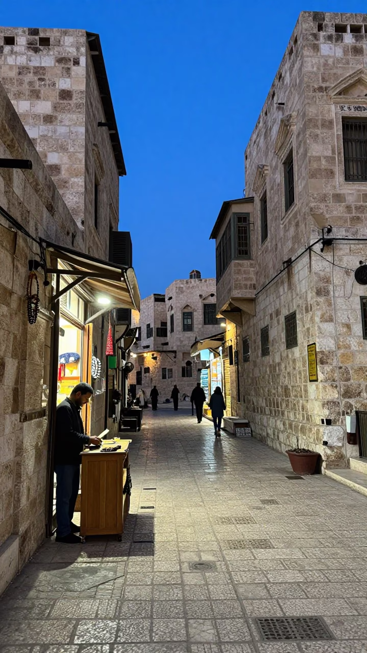 Amman Jordan Evening Street Scene with Prayer Beads and Local Shopkeeper in in Amman, Jordan