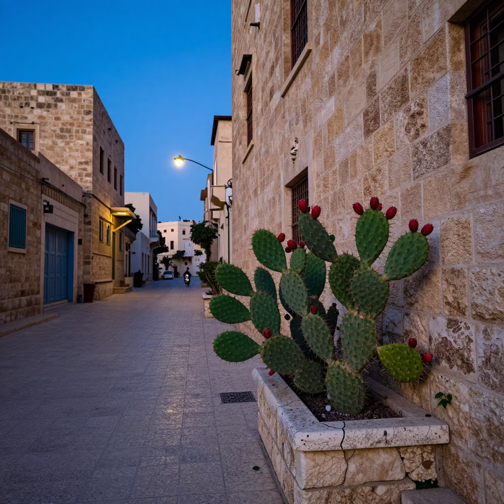 Amman Jordan Evening Street Scene with Prickly Pear Cactus and Traditional Architecture in in Amman, Jordan