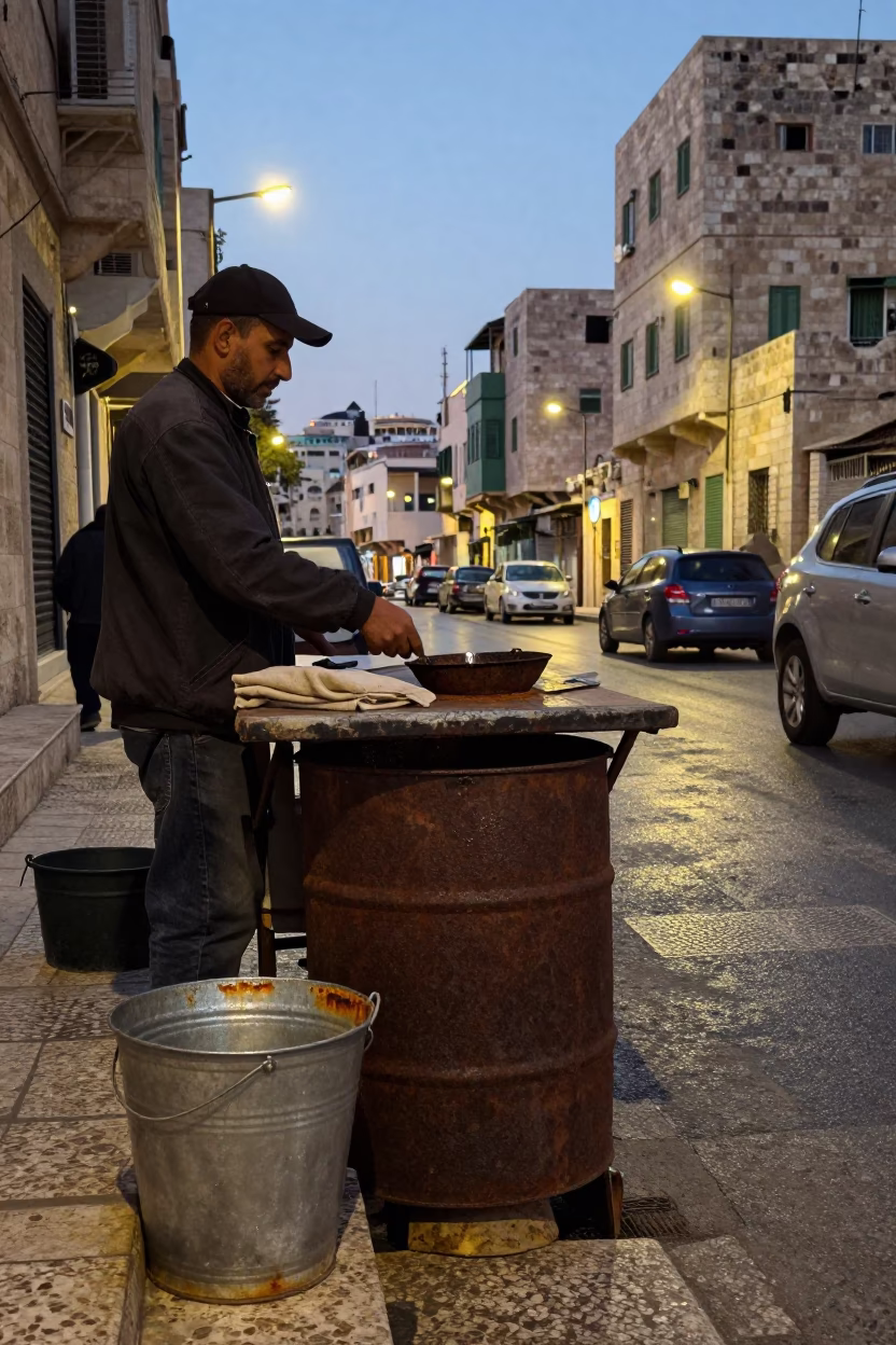 Amman Jordan Evening Street Scene with Rusty Bucket and Watering Jug Under City Lights in in Amman, Jordan