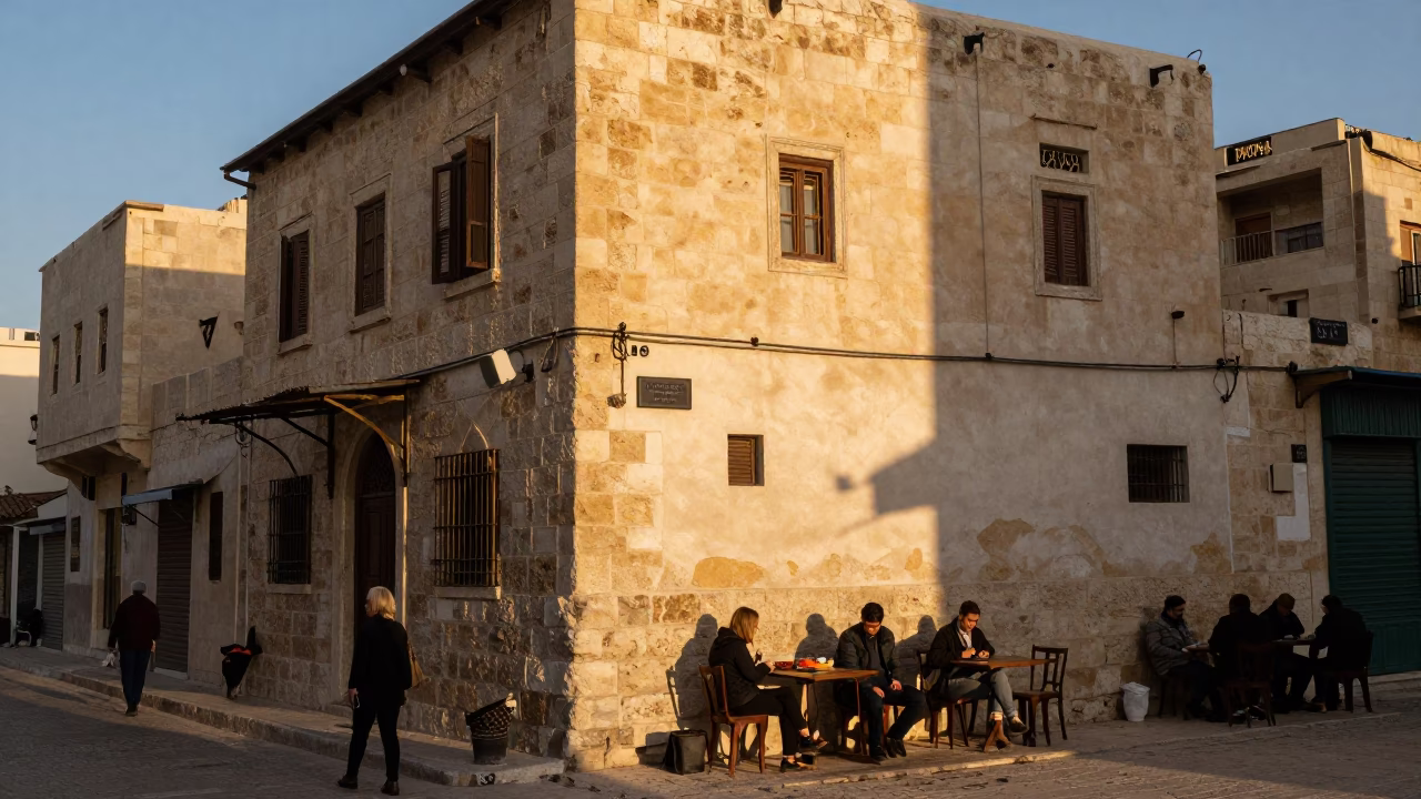 Amman Jordan Evening Street Scene with Shakshouka and Sunlight on Plaster Walls in in Amman, Jordan