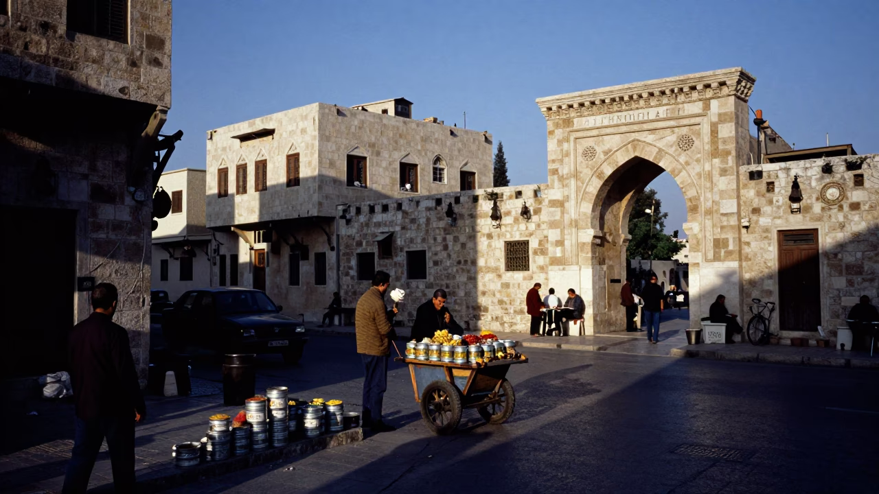 Amman Jordan Evening Street Scene with Spice Tins and Traditional Architecture in in Amman, Jordan