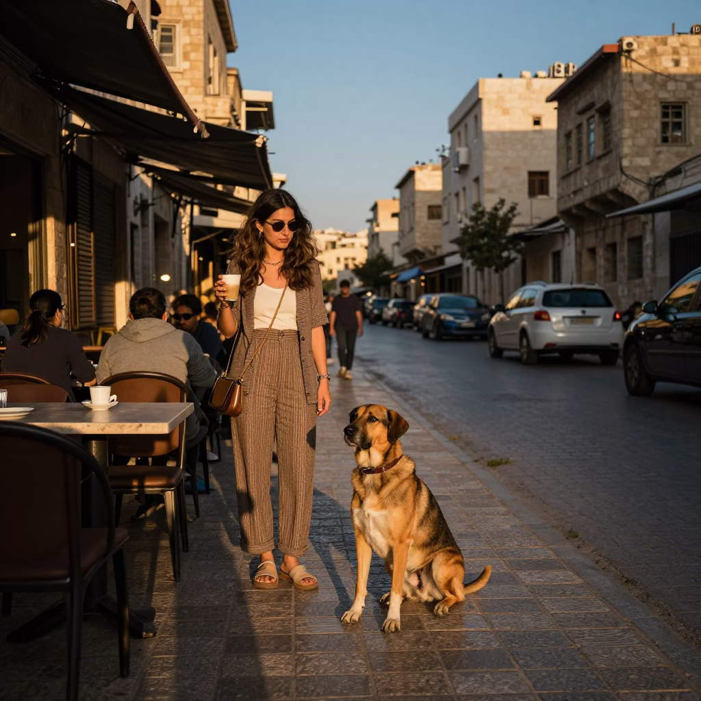 Amman Jordan Evening Street Scene With Stabyhoun Dog And Clear Glass Cup in in Amman, Jordan