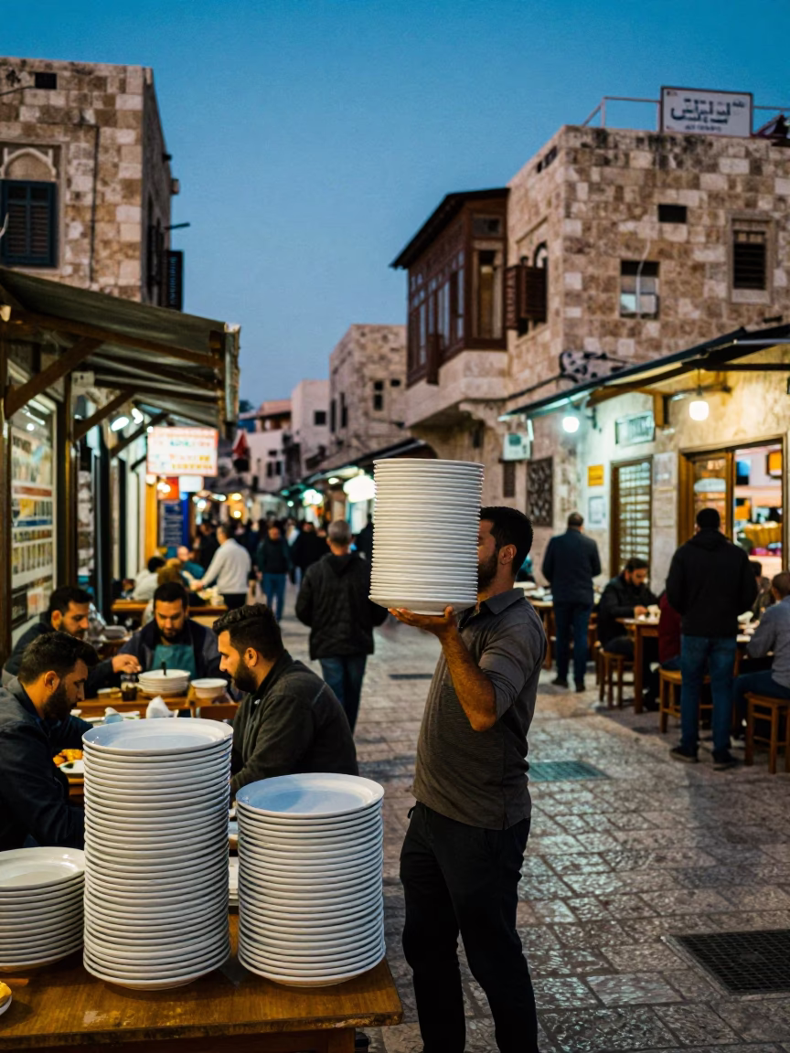 Amman Jordan Evening Street Scene with Stacked Plates and Local Diners in in Amman, Jordan