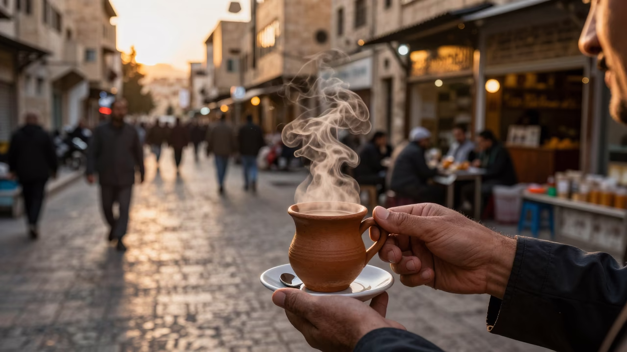 Amman Jordan Evening Street Scene with Steaming Masala Chai and Local Life in in Amman, Jordan