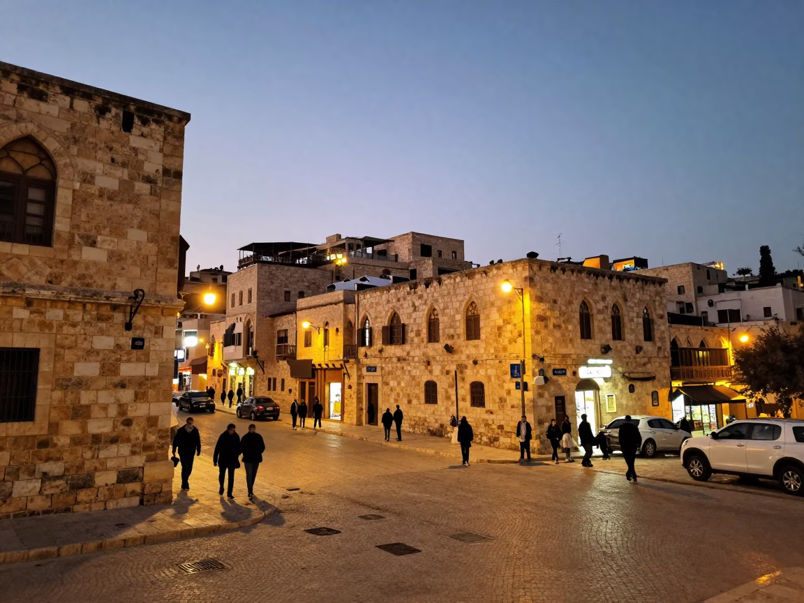 Amman Jordan Evening Street Scene with Stone Architecture and Glowing City Lights in in Amman, Jordan