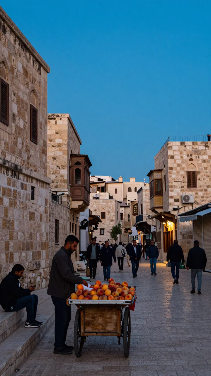 Amman Jordan Evening Street Scene with Stone Architecture and Local Commerce in in Amman, Jordan