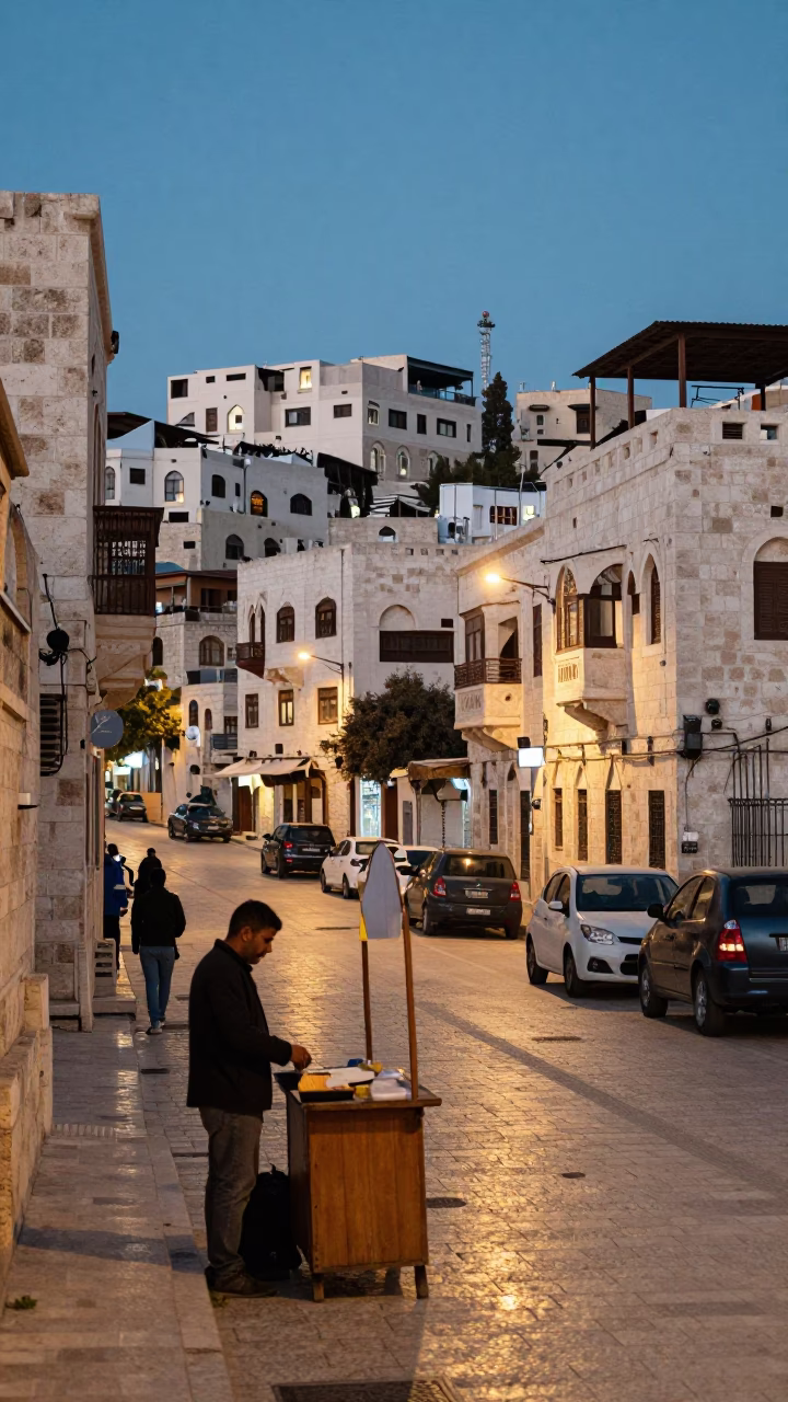 Amman Jordan Evening Street Scene with Stone Architecture and Local Market Activity in in Amman, Jordan