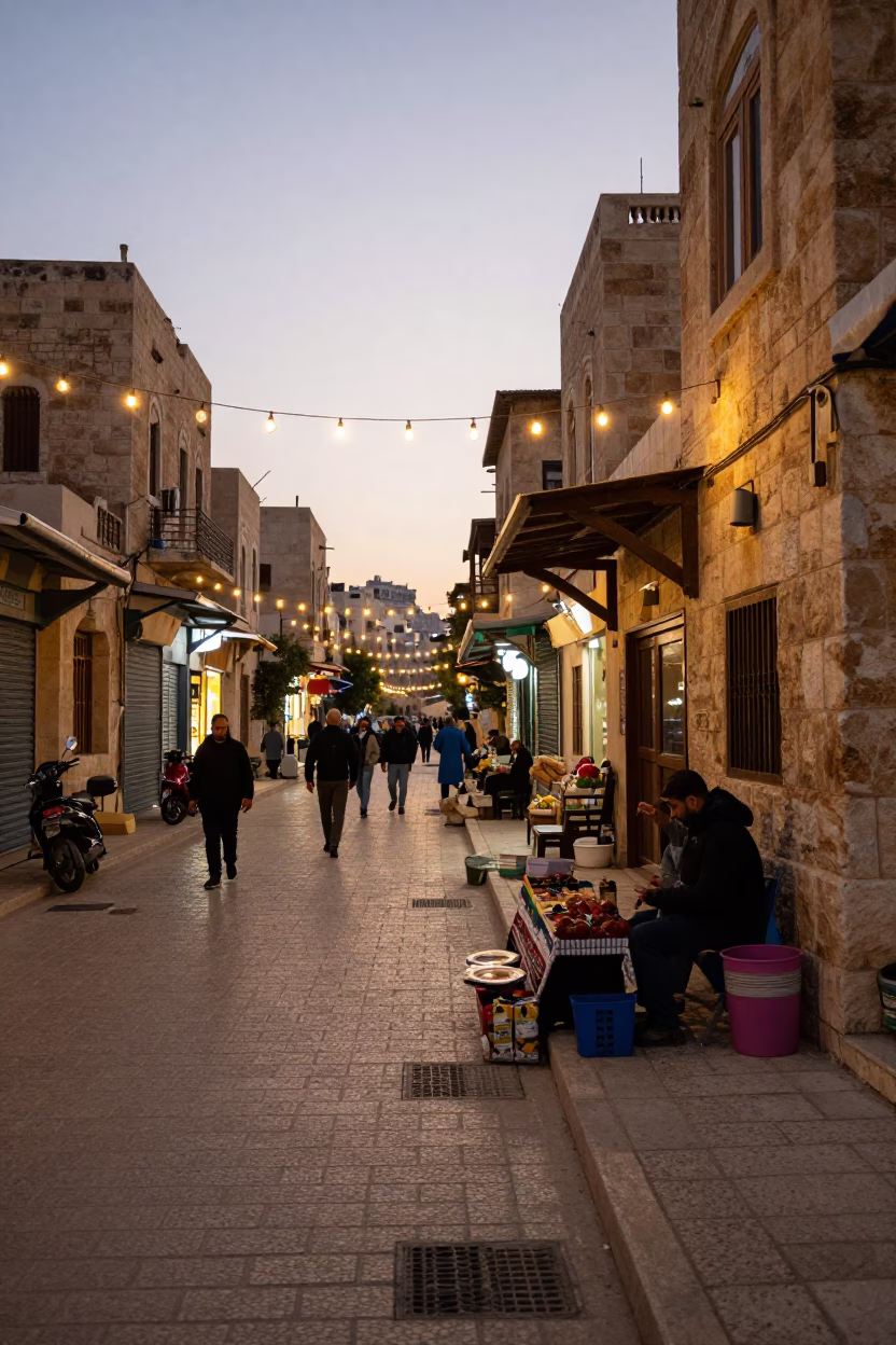 Amman Jordan Evening Street Scene with String Lights and Local Life in in Amman, Jordan