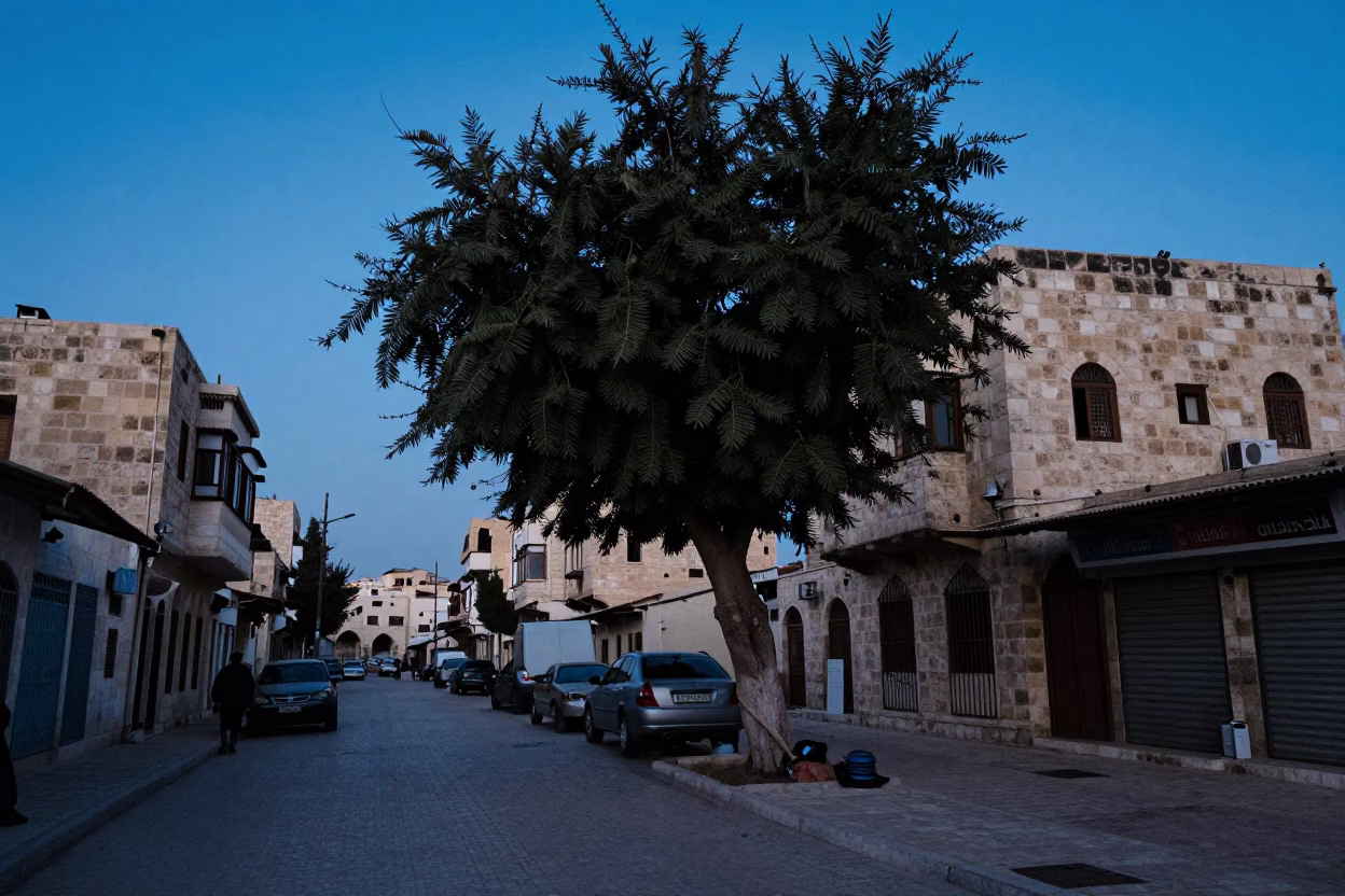 Amman Jordan Evening Street Scene with Tamarind Tree and Local Commerce in in Amman, Jordan