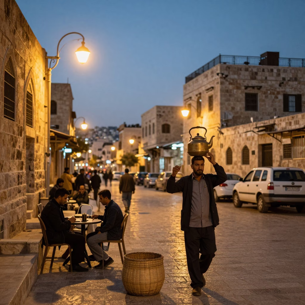 Amman Jordan Evening Street Scene with Tea Kettle and Woven Baskets in in Amman, Jordan
