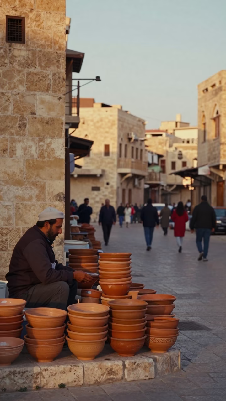 Amman Jordan Evening Street Scene with Terracotta Bowls and Local Market Interaction in in Amman, Jordan