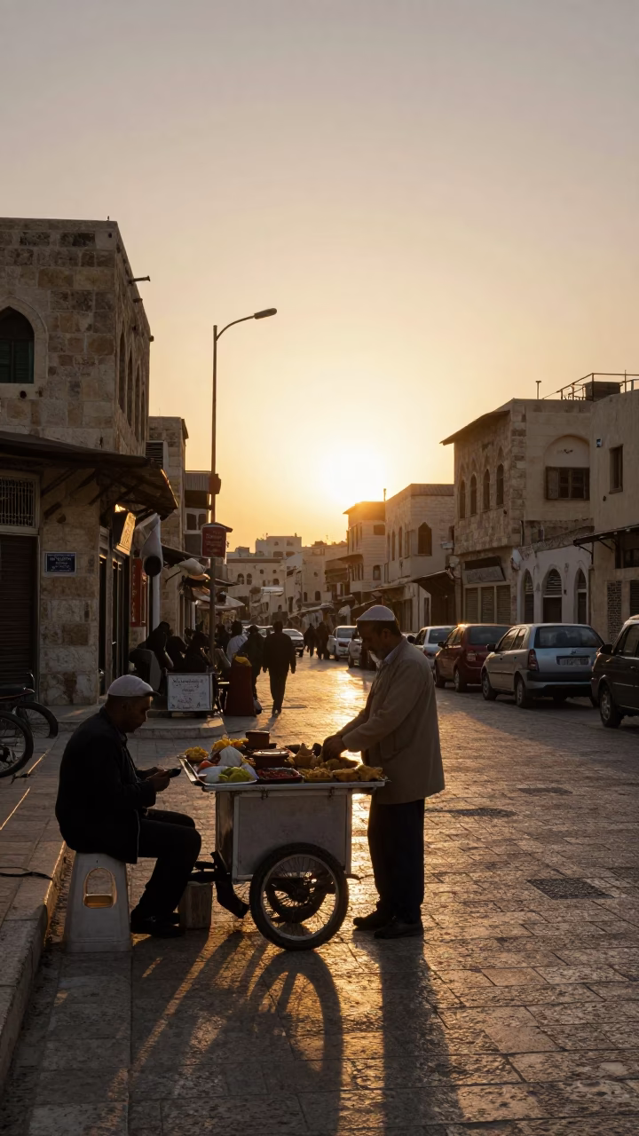 Amman Jordan Evening Street Scene with Traditional Food and Local Interaction in in Amman, Jordan