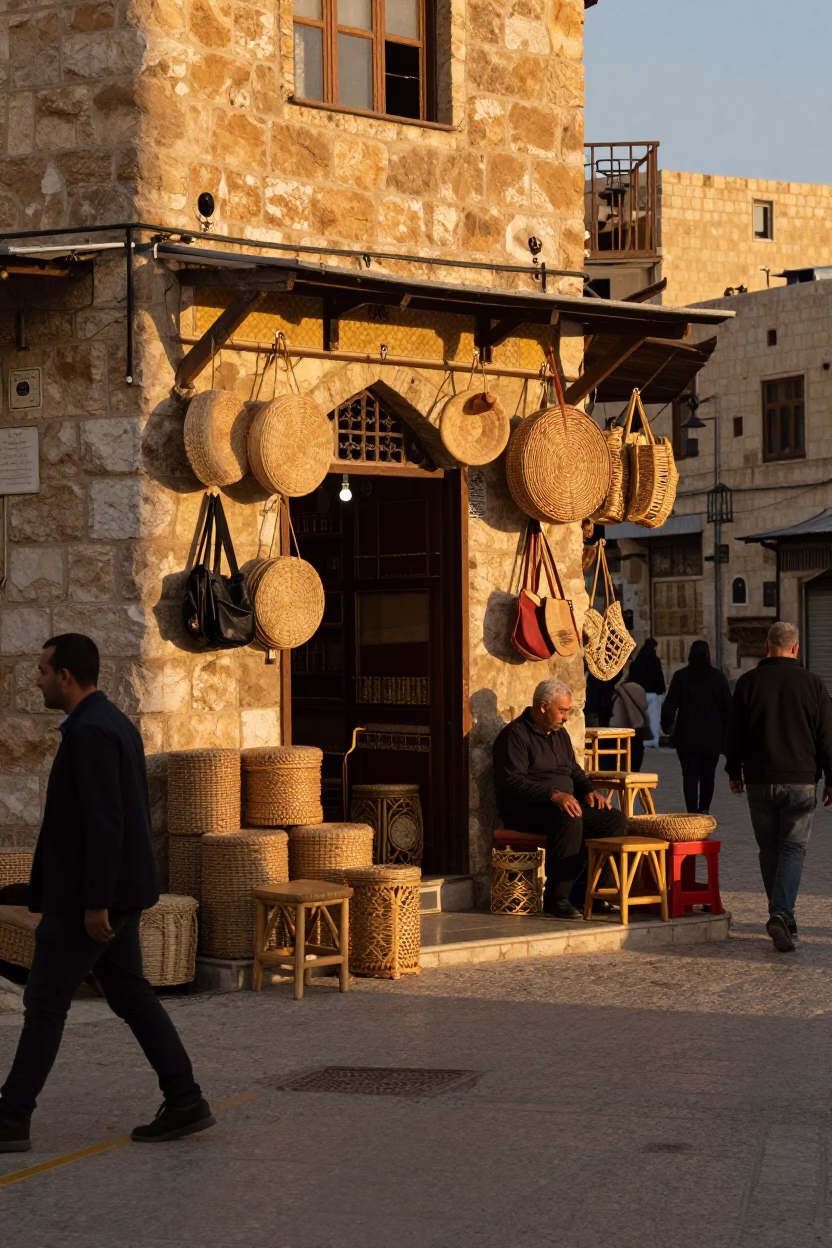Amman Jordan Evening Street Scene with Traditional Furniture and Local Commerce in in Amman, Jordan