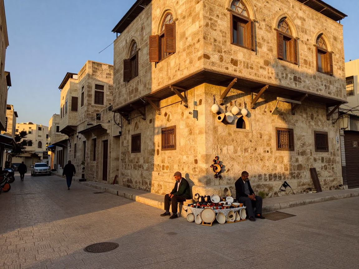 Amman Jordan Evening Street Scene with Traditional Pottery Shard and Local Life in in Amman, Jordan