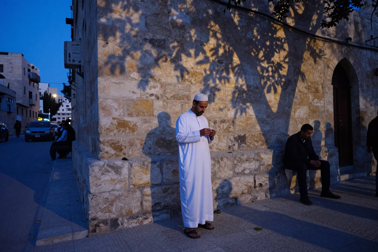 Amman Jordan Evening Street Scene with Traditional Tea and Leaf Shadows in in Amman, Jordan