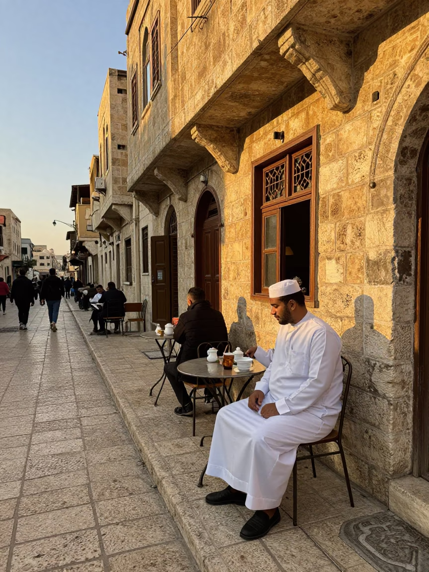 Amman Jordan Evening Street Scene with Traditional Tea Service and Local Life in in Amman, Jordan