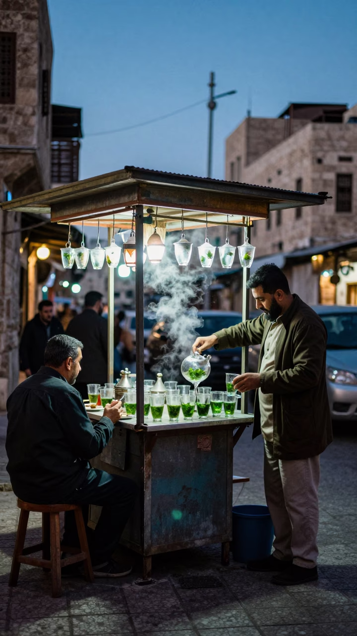 Amman Jordan Evening Street Scene with Traditional Tea Service and Local Traffic in in Amman, Jordan