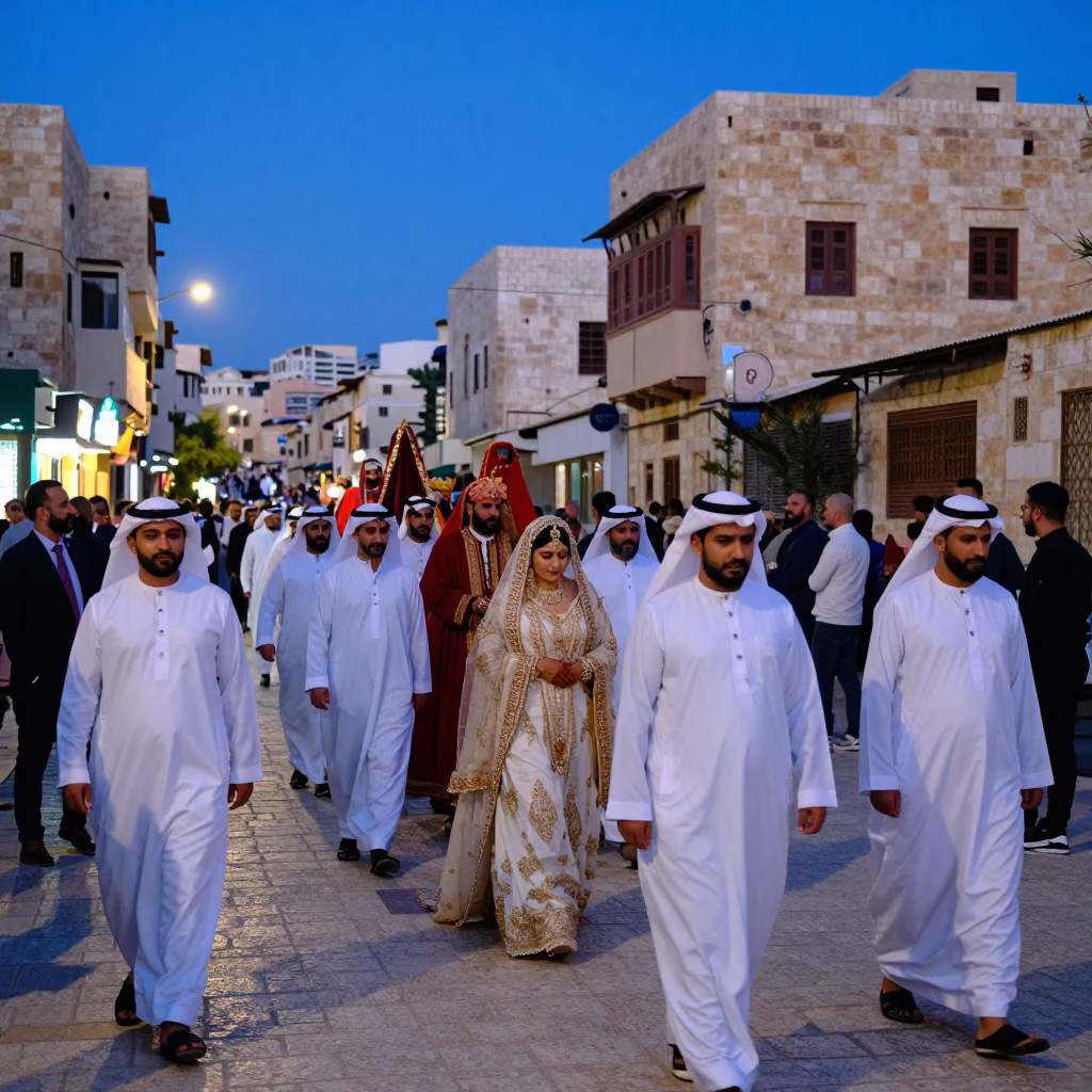 Amman Jordan Evening Street Scene with Traditional Wedding Procession Under Twilight Sky in in Amman, Jordan